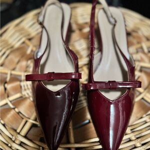 Patent Pointed-Toe Slingback Mules in Burgundy